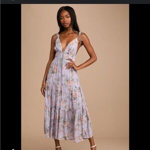 Lulu’s Lavender Floral Print Tie-Strap Midi Dress